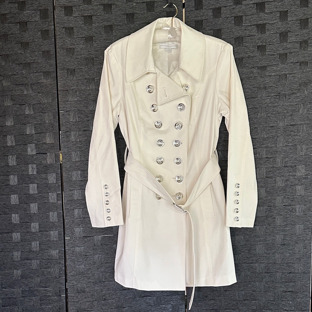 New York & Company White Double-Breasted Trench Coat